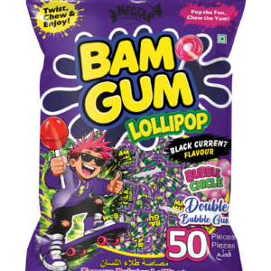 Nector BAM GUM Black Currant Lollipop with Bubble Gum Center (50 Pcs)