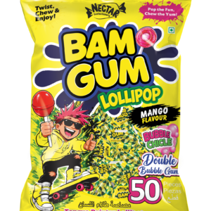 Nector BAM GUM Alphonso Mango Lollipop with Bubble Gum Center (50 Pcs)