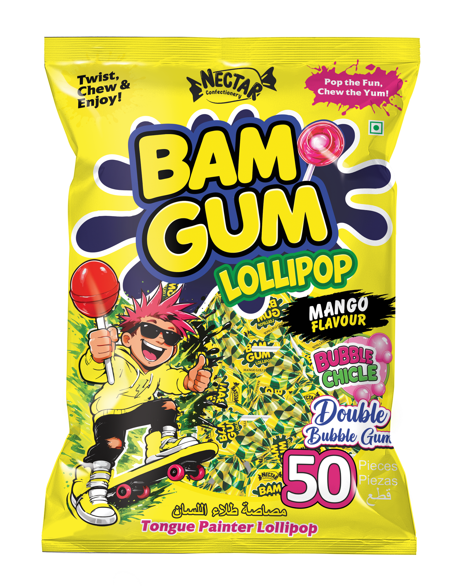 Nector BAM GUM Alphonso Mango Lollipop with Bubble Gum Center (50 Pcs) Front View