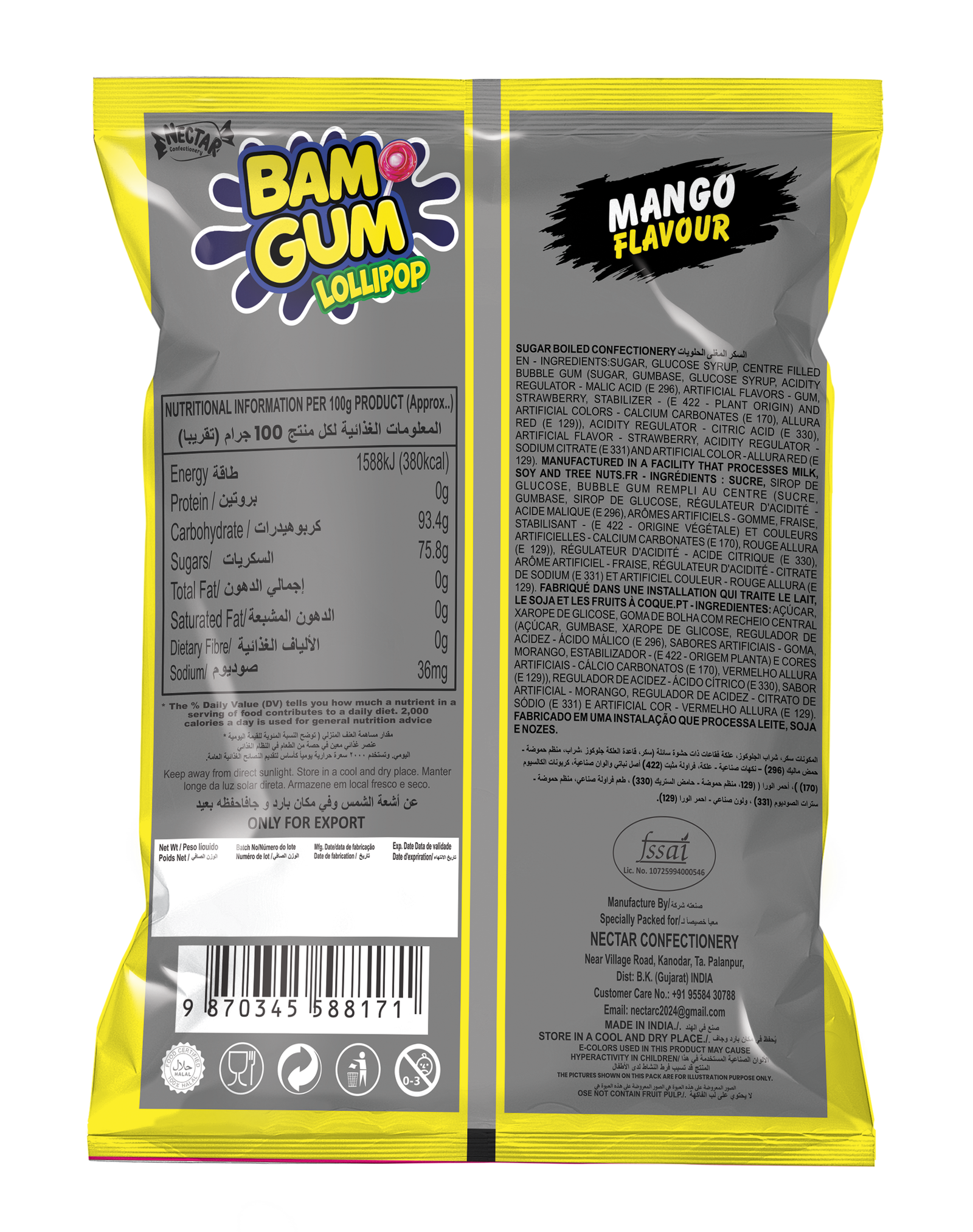 Nector BAM GUM Alphonso Mango Lollipop with Bubble Gum Center (50 Pcs) Backside View
