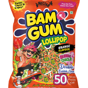 Nector BAM GUM Zesty Orange Lollipop with Bubble Gum Center (50 Pcs)