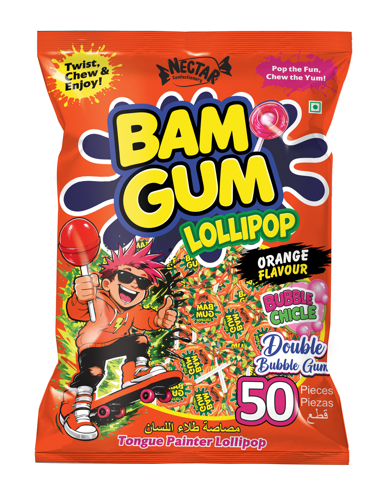 Nector BAM GUM Zesty Orange Lollipop with Bubble Gum Center (50 Pcs) Front View
