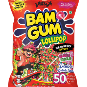 Nector BAM GUM Ripe Strawberry Lollipop with Bubble Gum Center (50 Pcs)