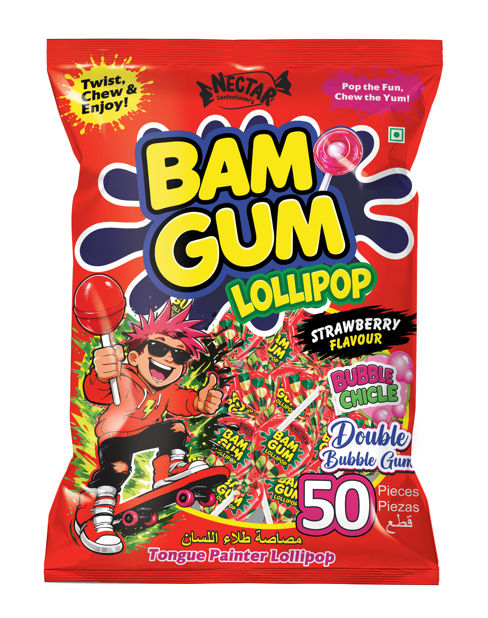 Nector BAM GUM Ripe Strawberry Lollipop with Bubble Gum Center (50 Pcs) Front View