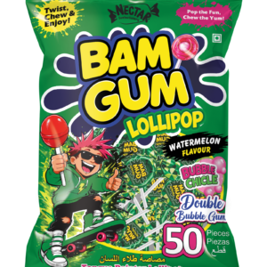 Nector BAM GUM Juicy Watermelon Lollipop with Bubble Gum Center (50 Pcs)