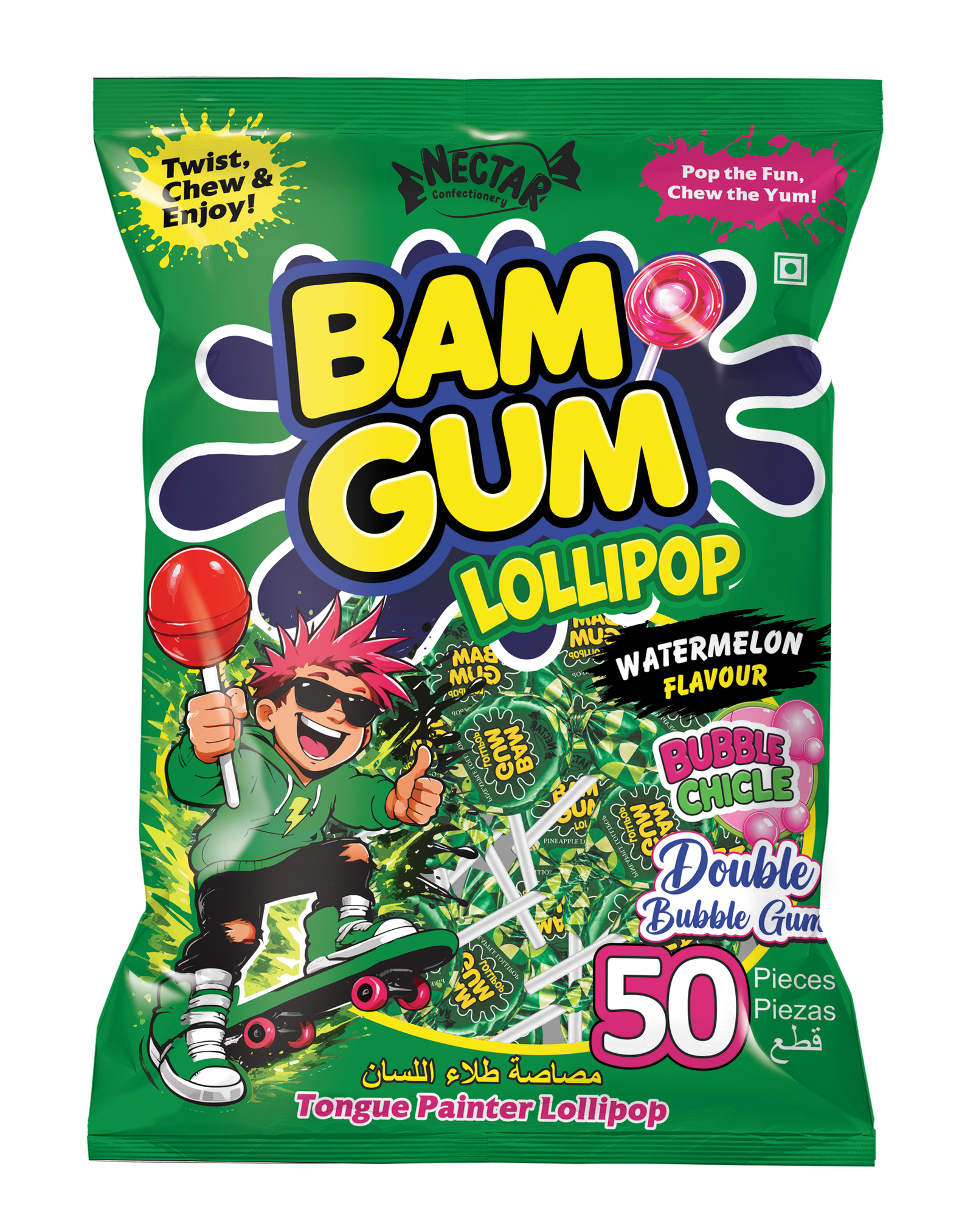 Nector BAM GUM Juicy Watermelon Lollipop with Bubble Gum Center (50 Pcs) Front View