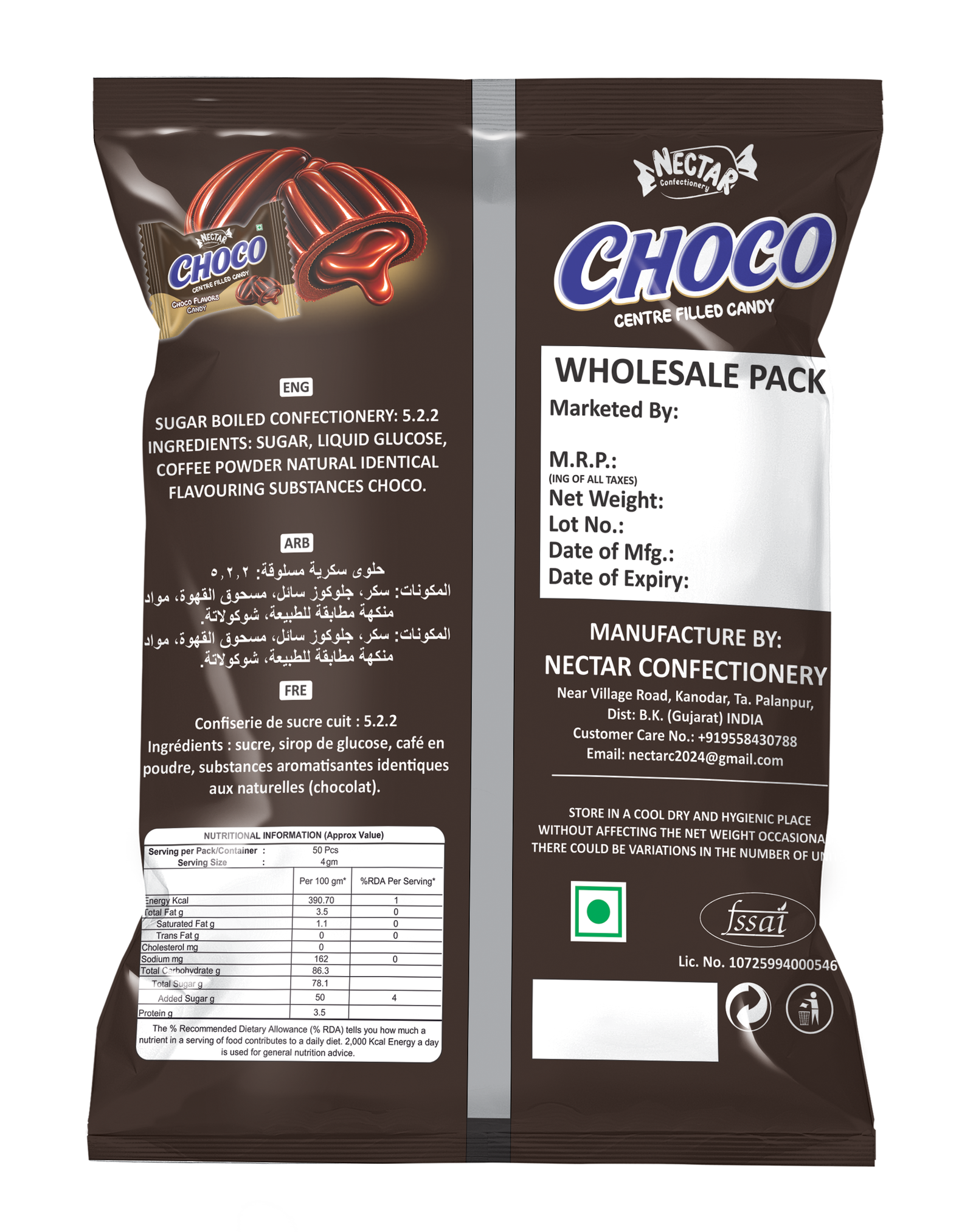 Nector Choco Center Filled Candy Pouch (50 Pcs) Backside View