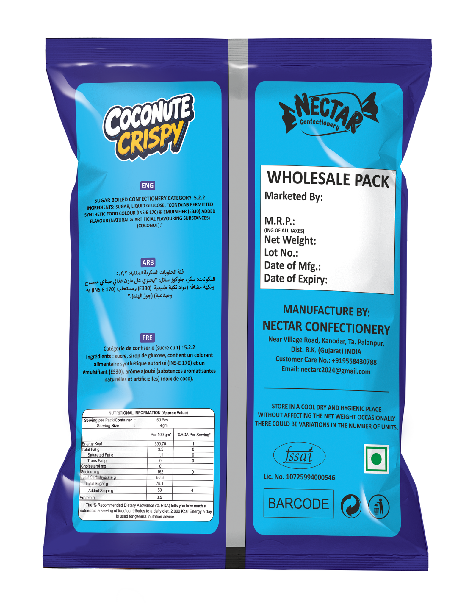 Nector Coconute Crispy Candy Pouch (50 Pcs) Backside View