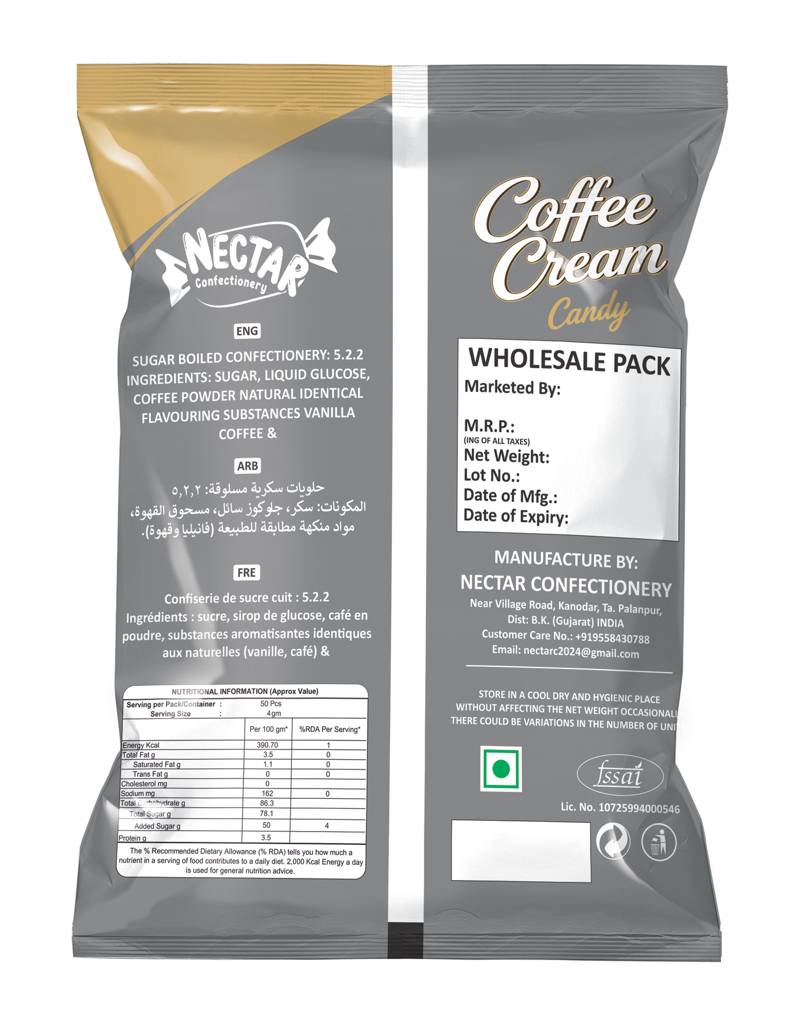 Nector Cream Coffee Candy Pouch (50 Pcs) Backside View
